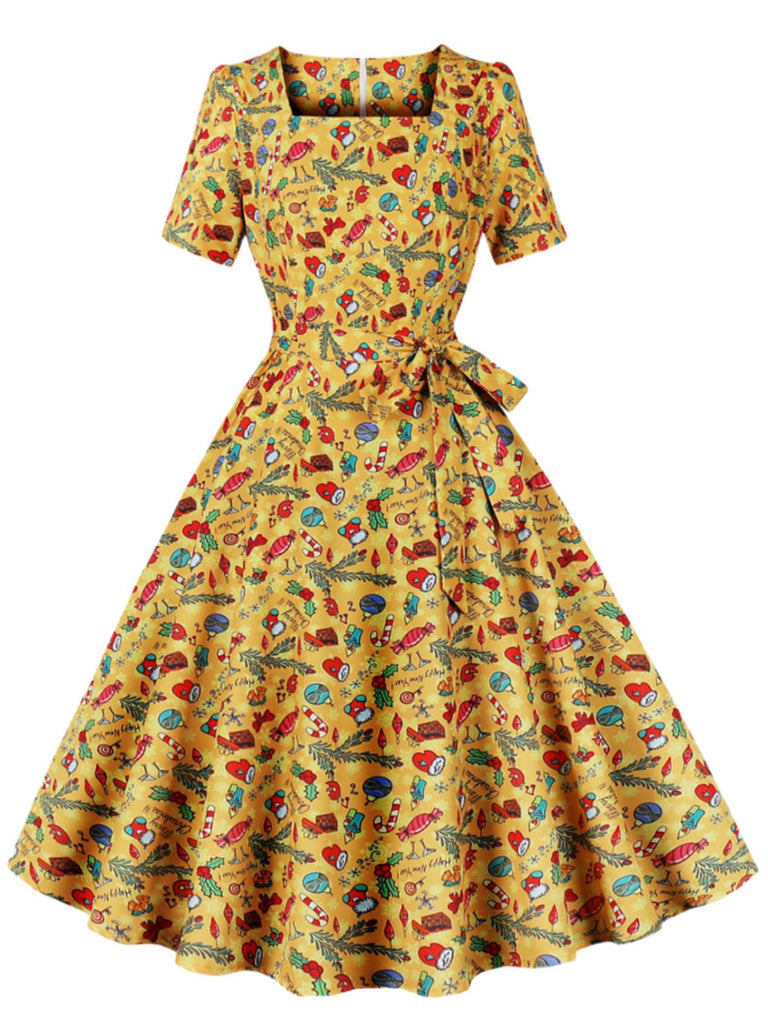 Abito patchwork natalizio con colletto quadrato anni '50