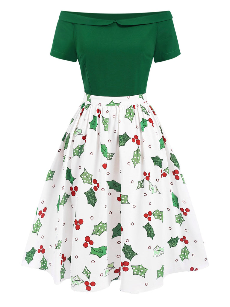 Abito patchwork natalizio con spalle scoperte verde anni '50