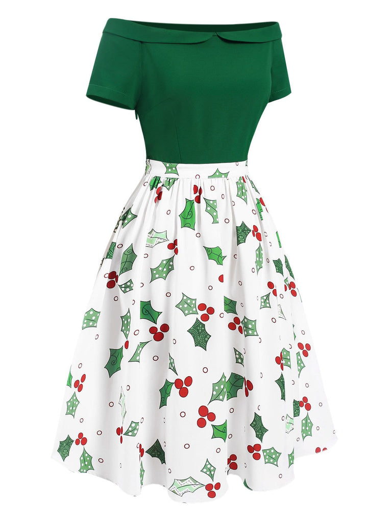 Abito patchwork natalizio con spalle scoperte verde anni '50