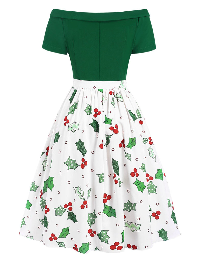 Abito patchwork natalizio con spalle scoperte verde anni '50