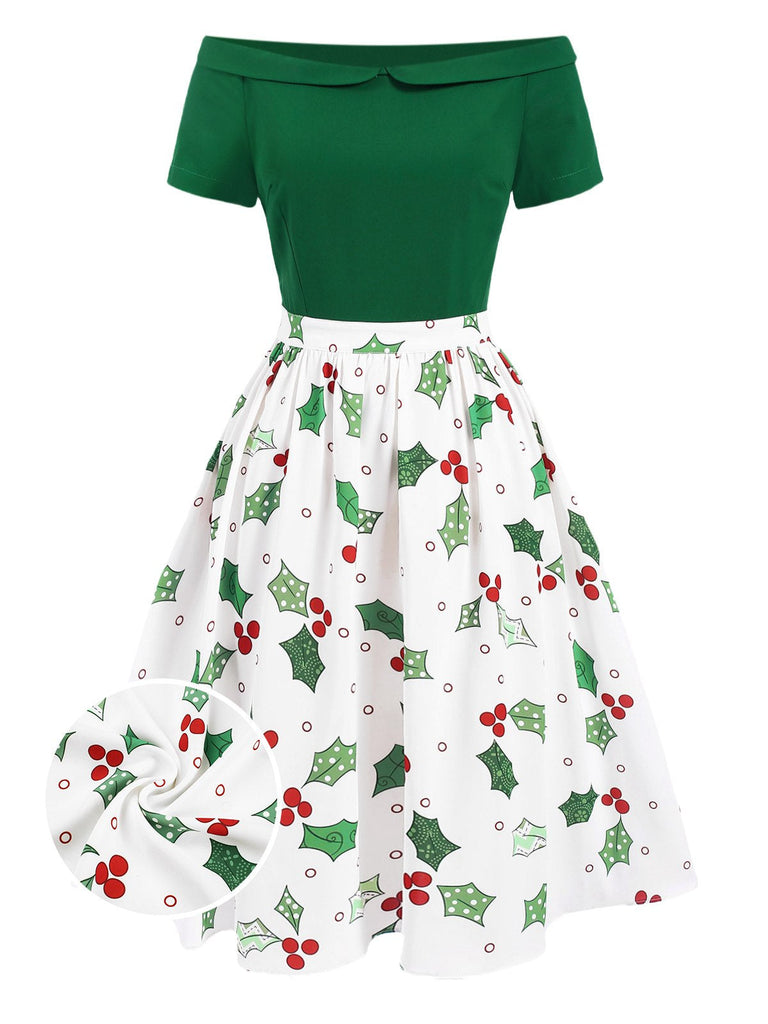 Abito patchwork natalizio con spalle scoperte verde anni '50