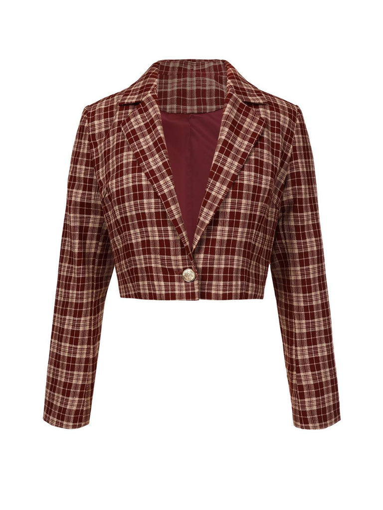2PCS Cappotto corto con risvolto scozzese e gonna rosso anni '60