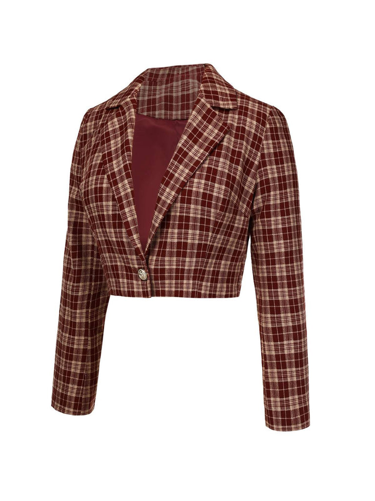 2PCS Cappotto corto con risvolto scozzese e gonna rosso anni '60