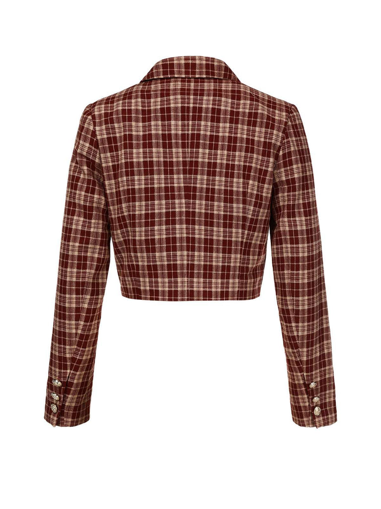 2PCS Cappotto corto con risvolto scozzese e gonna rosso anni '60