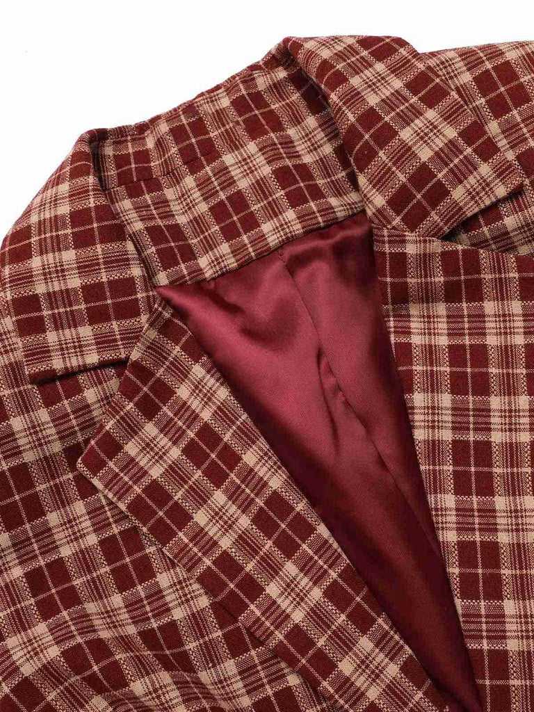 2PCS Cappotto corto con risvolto scozzese e gonna rosso anni '60