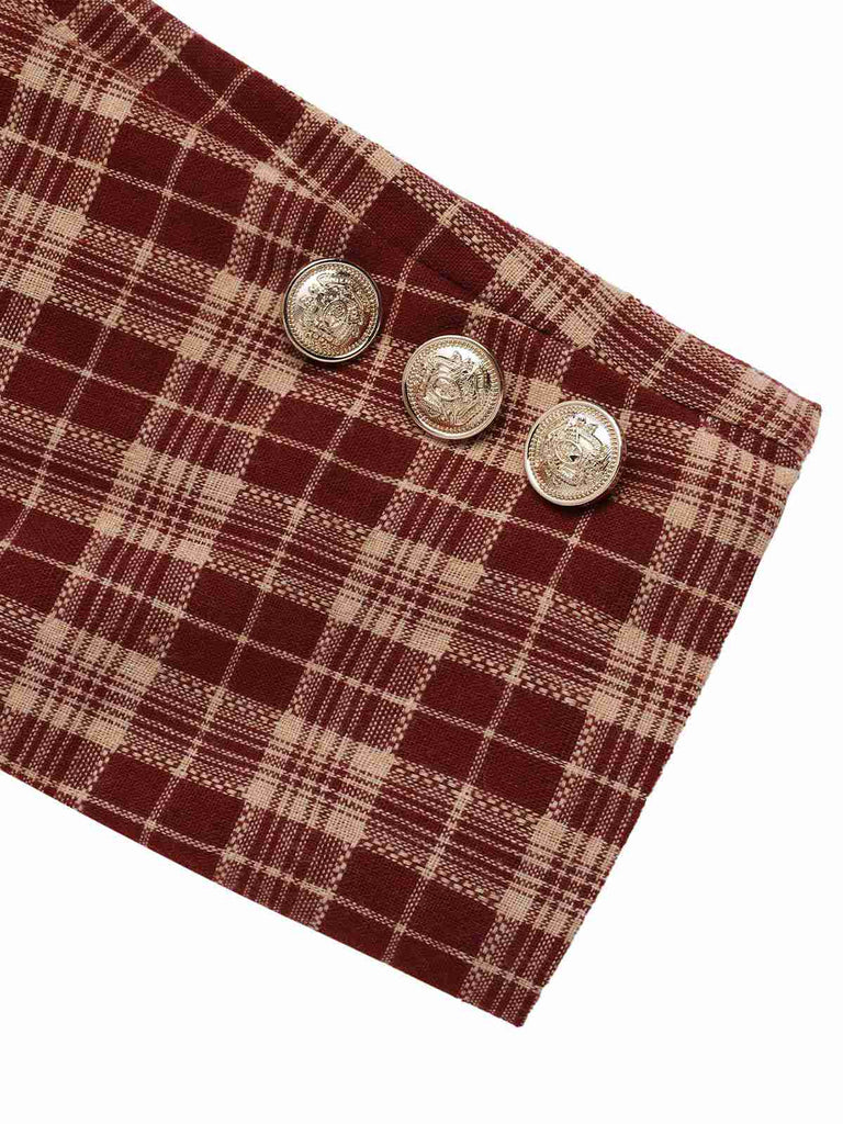 2PCS Cappotto corto con risvolto scozzese e gonna rosso anni '60