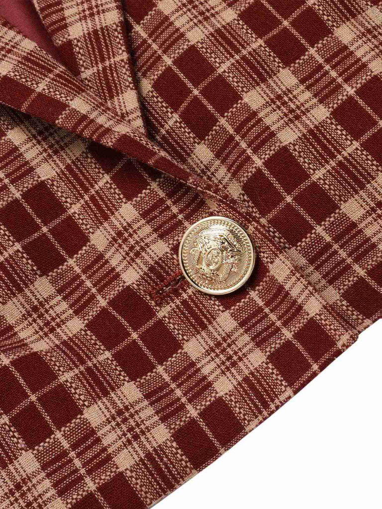 2PCS Cappotto corto con risvolto scozzese e gonna rosso anni '60