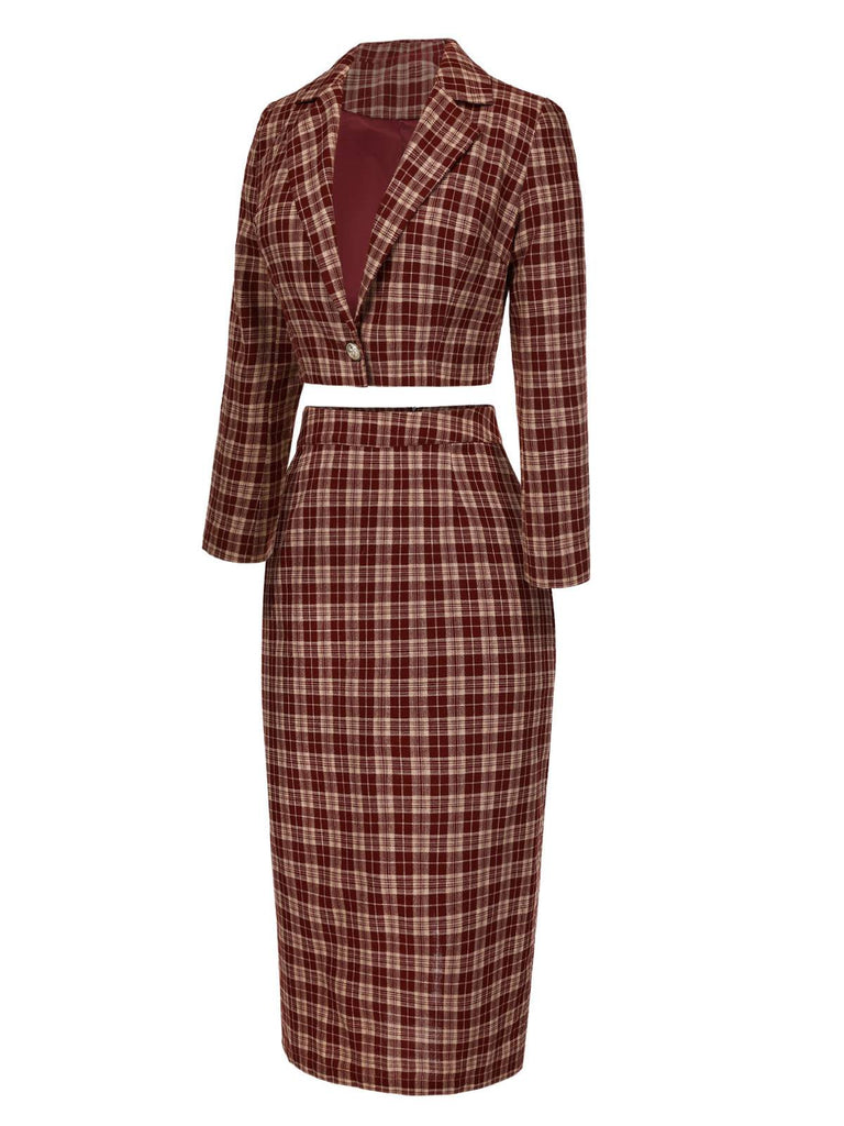 2PCS Cappotto corto con risvolto scozzese e gonna rosso anni '60
