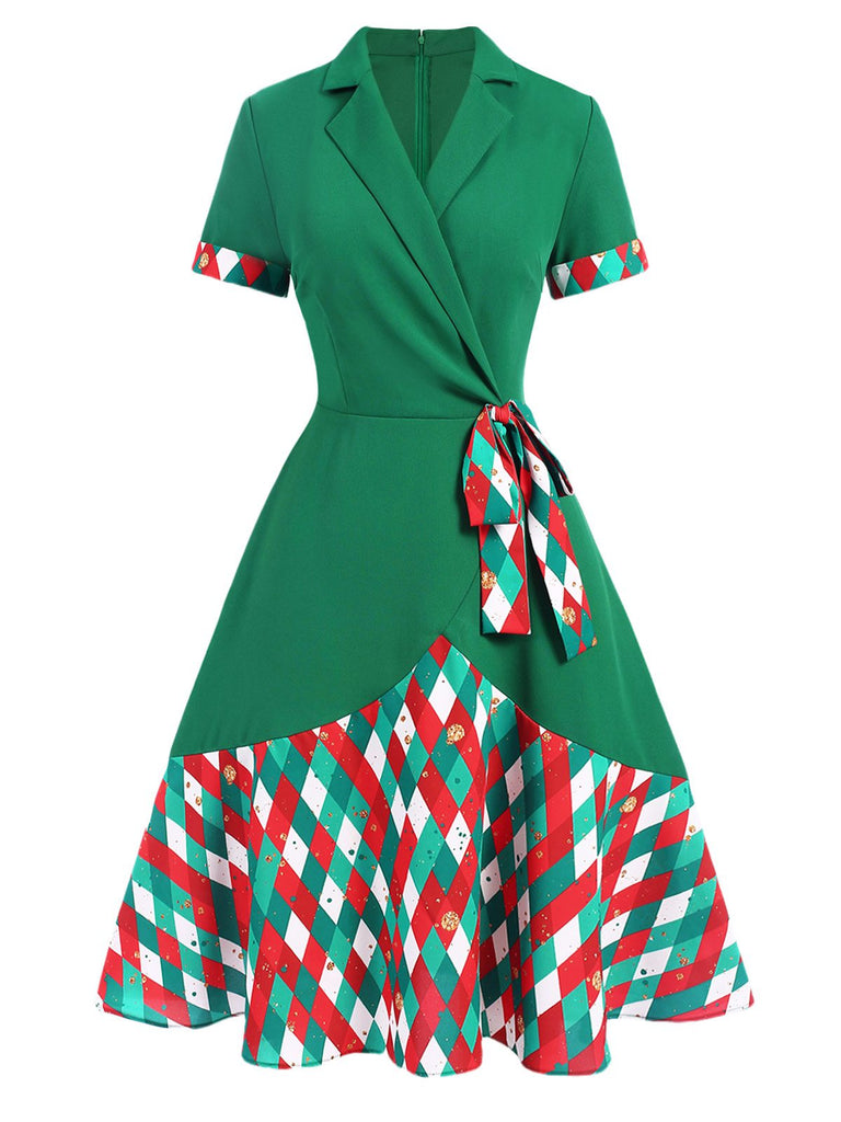 Abito con revers a pieghe a quadri colorati verde anni '40