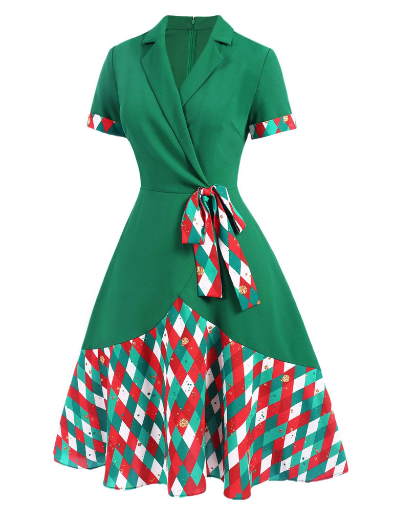 Abito con revers a pieghe a quadri colorati verde anni '40
