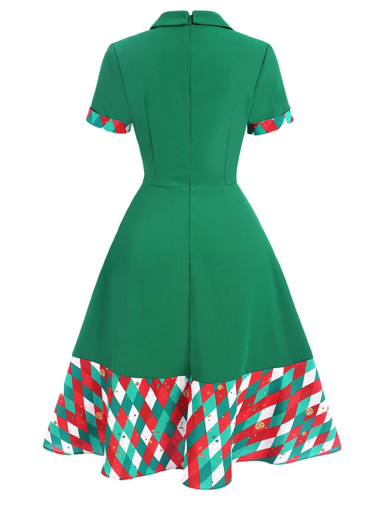Abito con revers a pieghe a quadri colorati verde anni '40