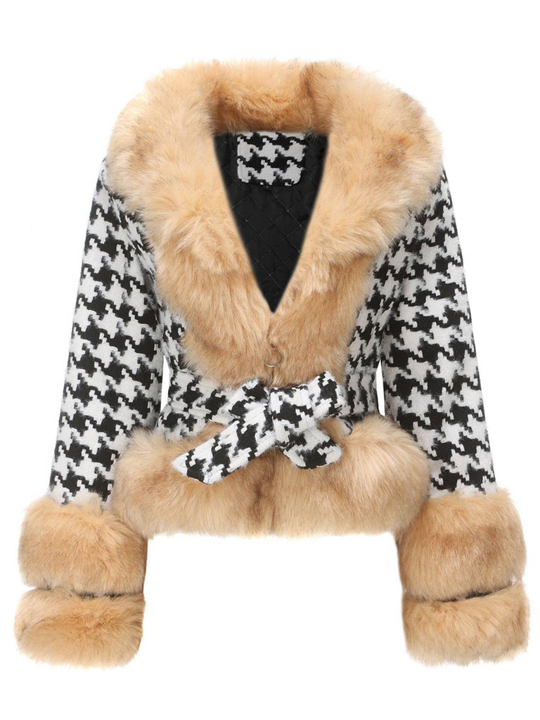 Cappotto in pelliccia sintetica pied de poule albicocca anni '50