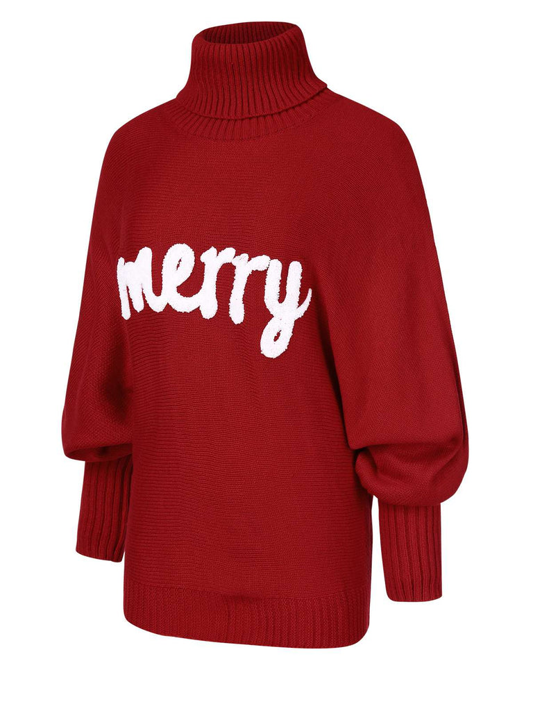 Maglione dolcevita con stampa natalizia rosso anni '80