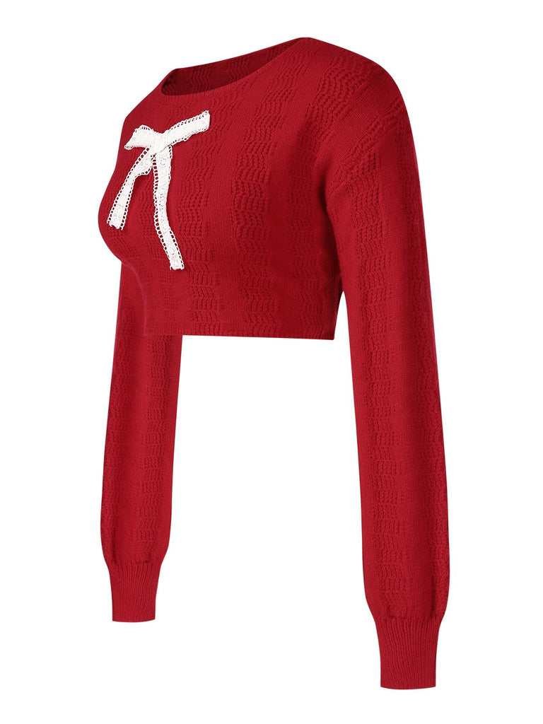 Maglione corto con fiocco natalizio rosso anni '80