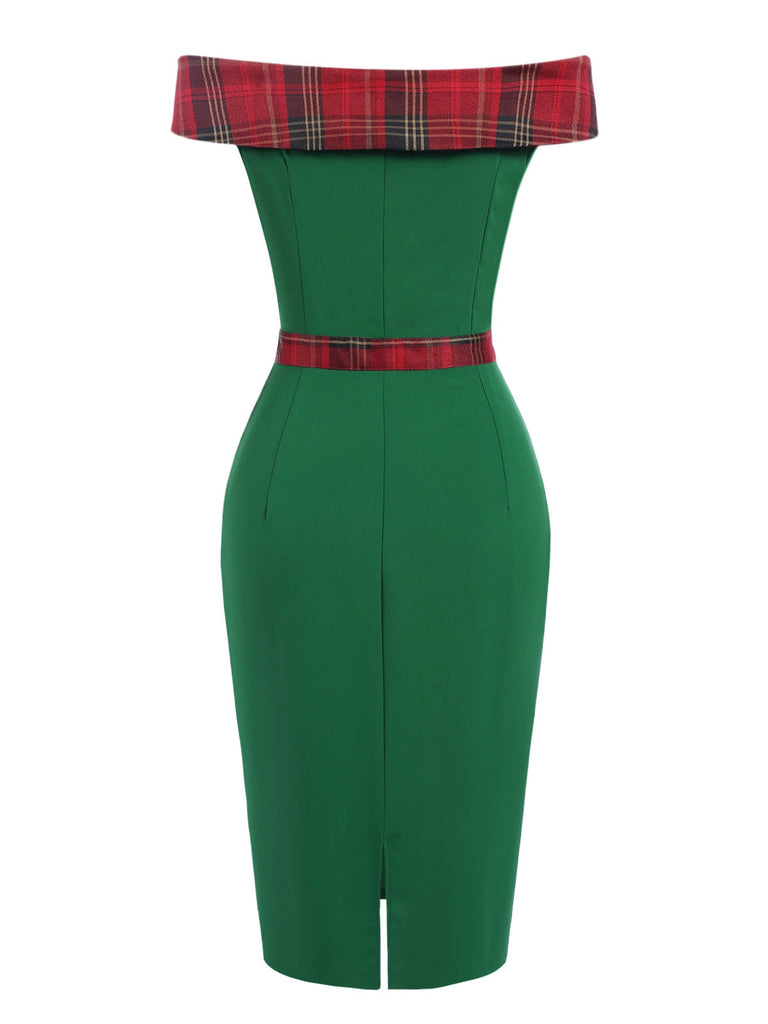 Abito con spalle scoperte in tartan patchwork verde anni '60