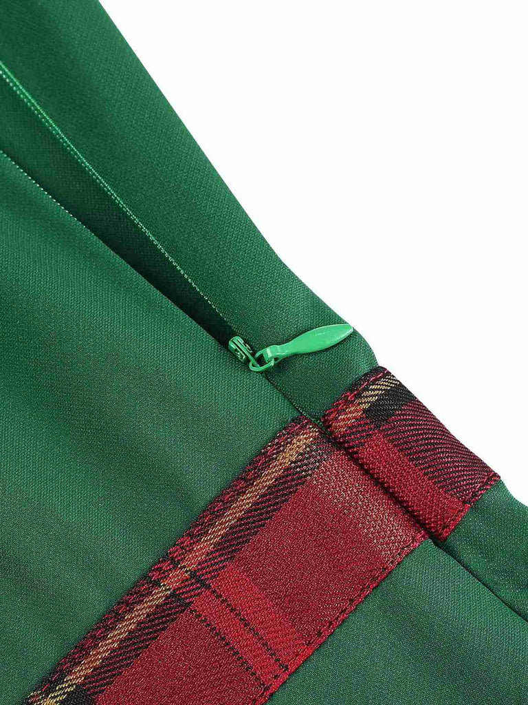 Abito con spalle scoperte in tartan patchwork verde anni '60