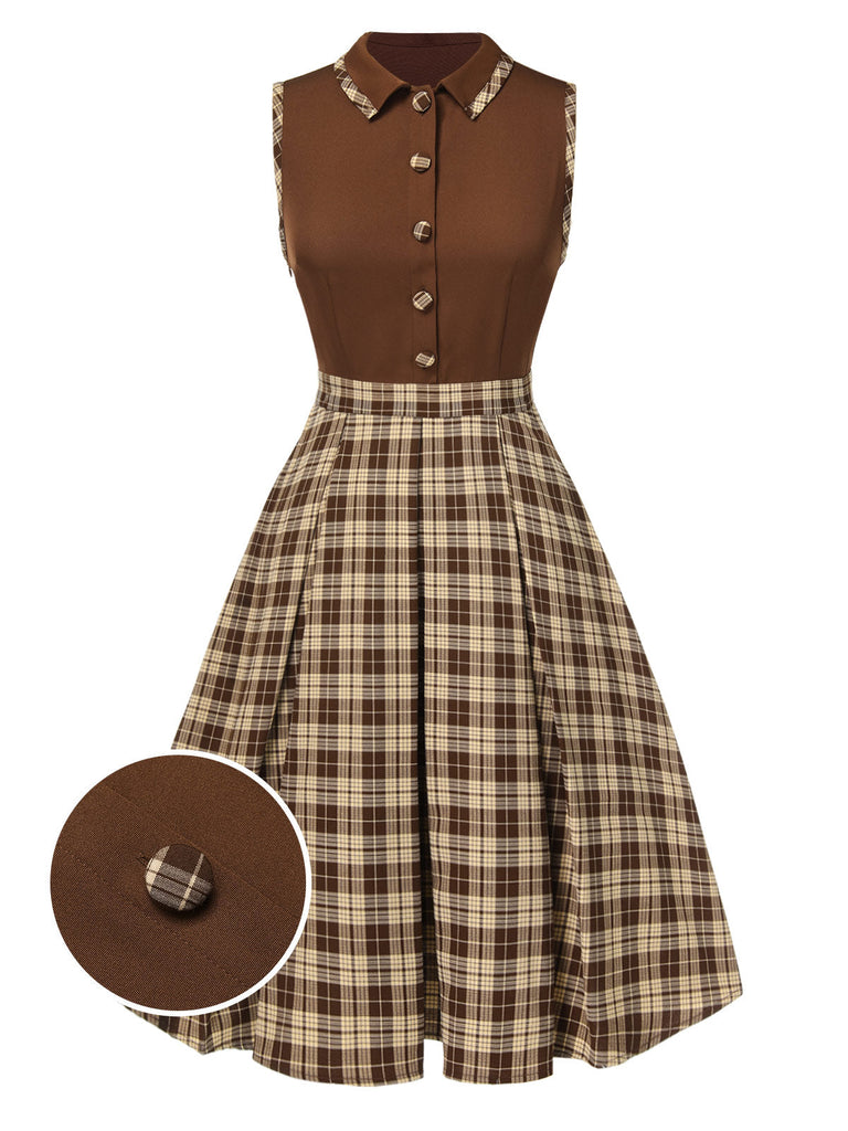 Abito a quadri patchwork con revers marrone anni '50