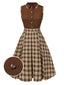 Abito a quadri patchwork con revers marrone anni '50