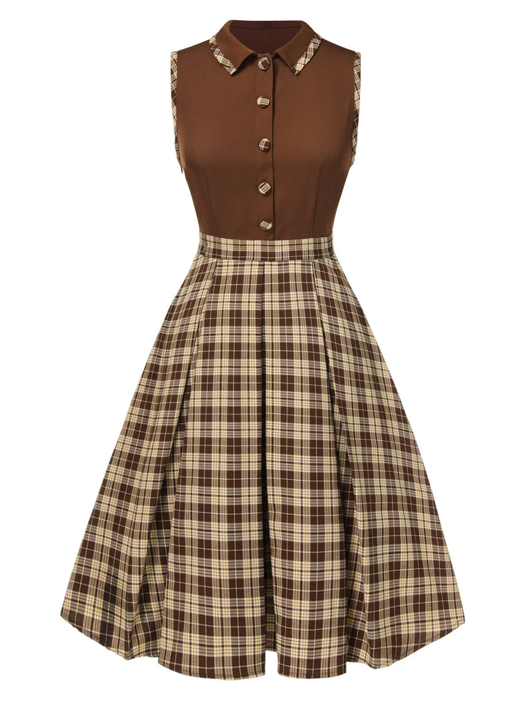 Abito a quadri patchwork con revers marrone anni '50