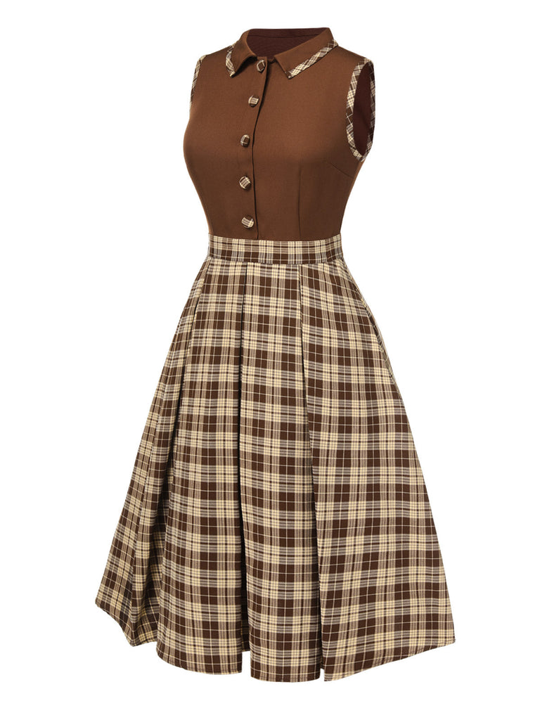 Abito a quadri patchwork con revers marrone anni '50