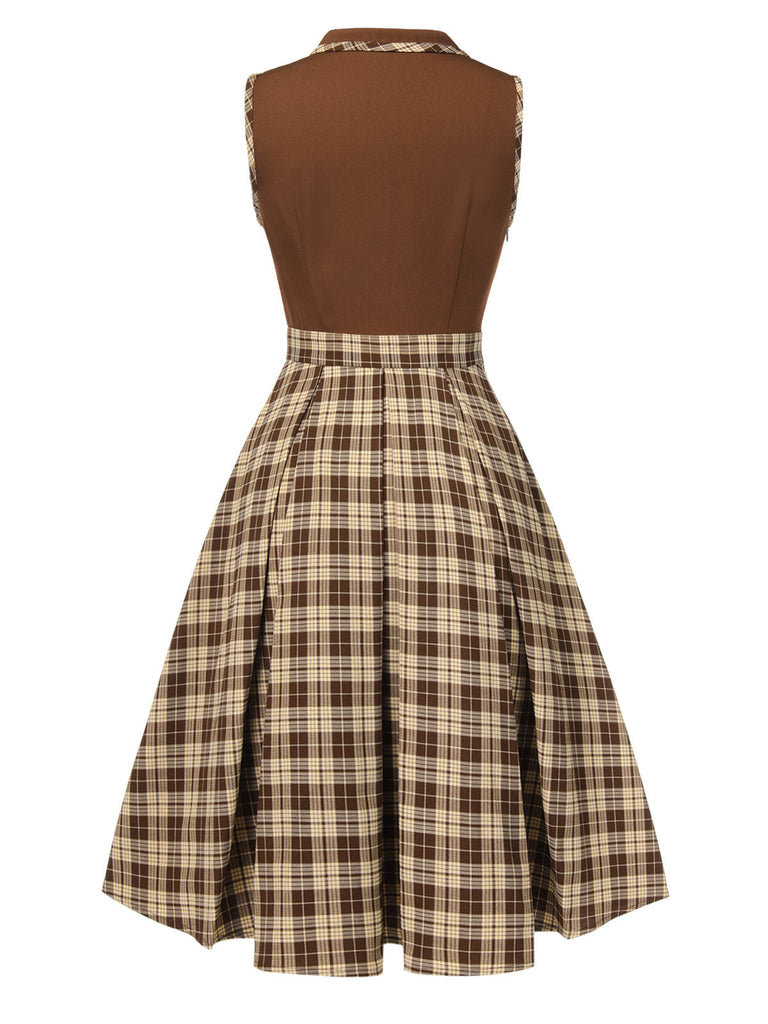 Abito a quadri patchwork con revers marrone anni '50