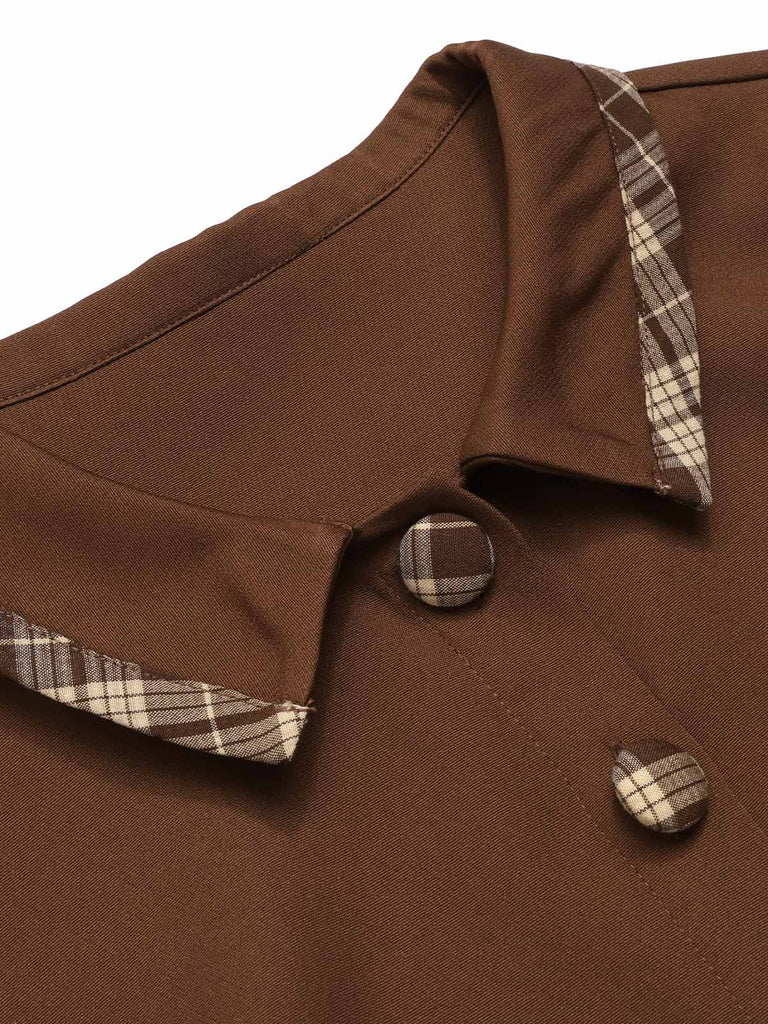 Abito a quadri patchwork con revers marrone anni '50