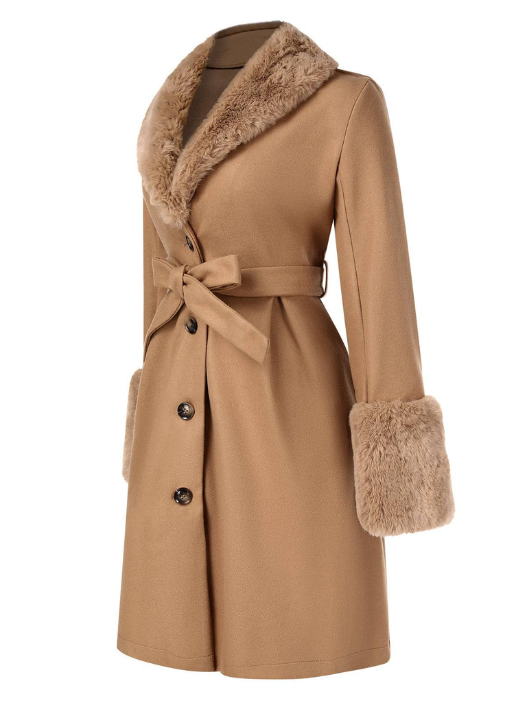 Cappotto con bottoni e collo in pelliccia sintetica cachi anni '50