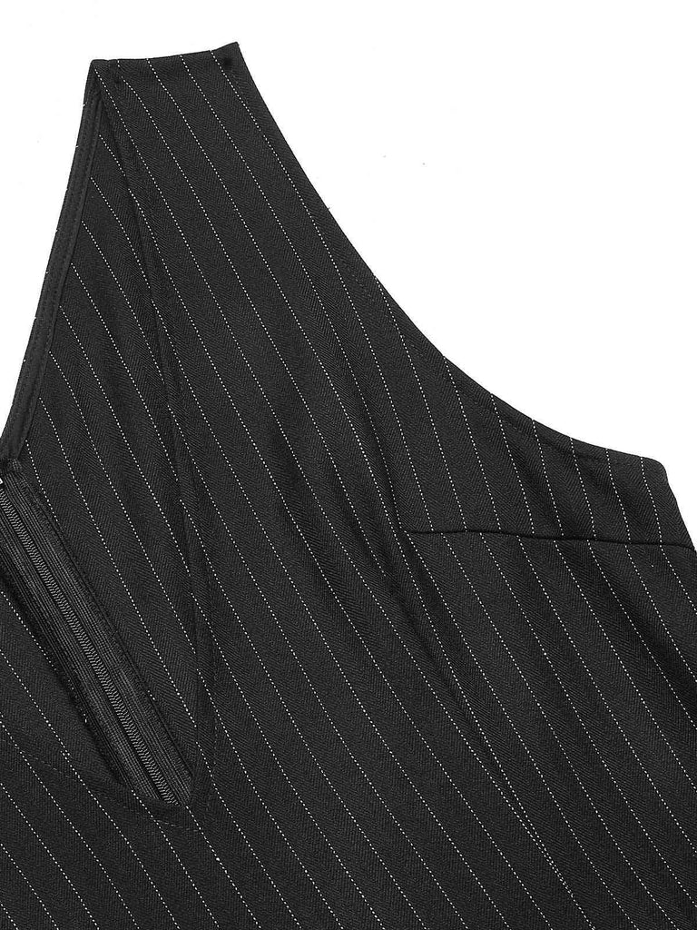 Abito a righe con scollo a V e cintura nero anni '60
