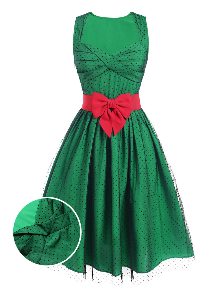 Abito patchwork a rete a pois verde anni '50