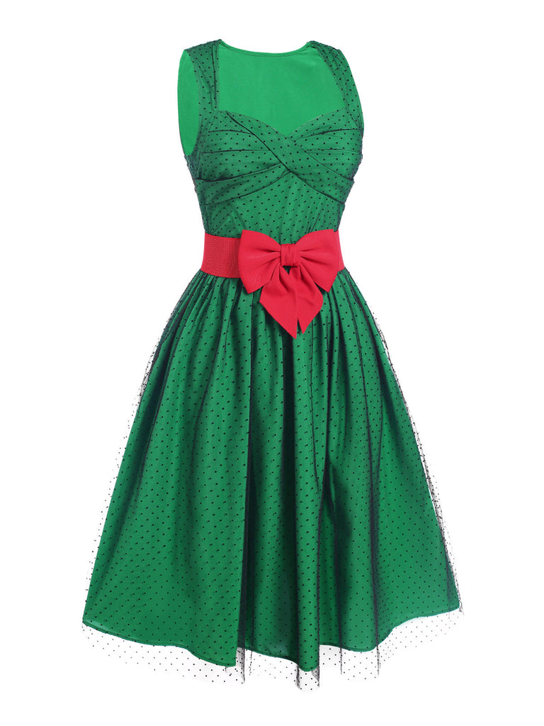 Abito patchwork a rete a pois verde anni '50
