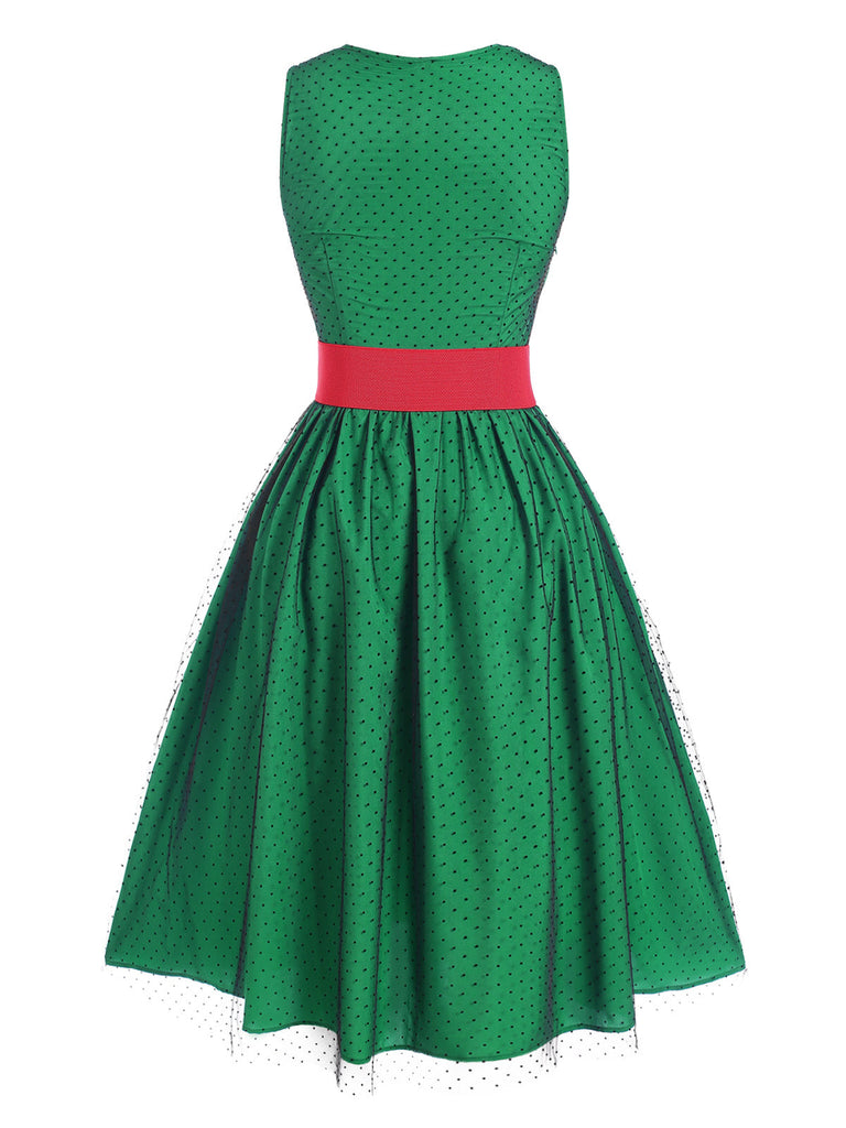 Abito patchwork a rete a pois verde anni '50