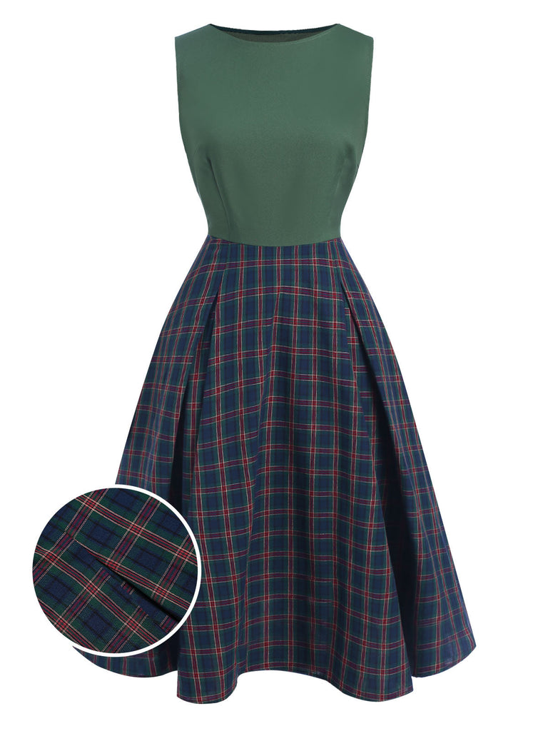 Abito plaid senza maniche patchwork verde anni '40