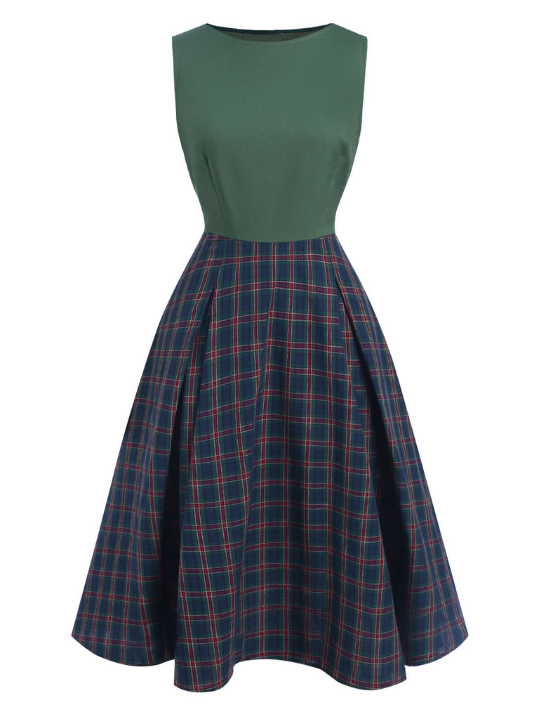 Abito plaid senza maniche patchwork verde anni '40