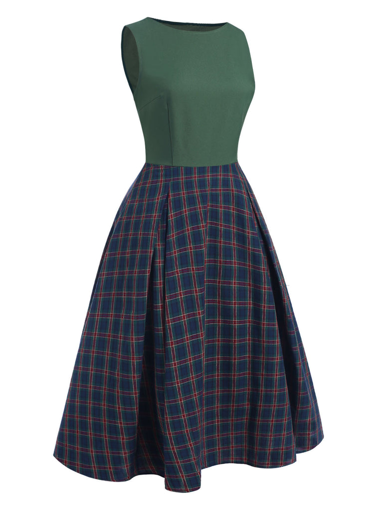 Abito plaid senza maniche patchwork verde anni '40