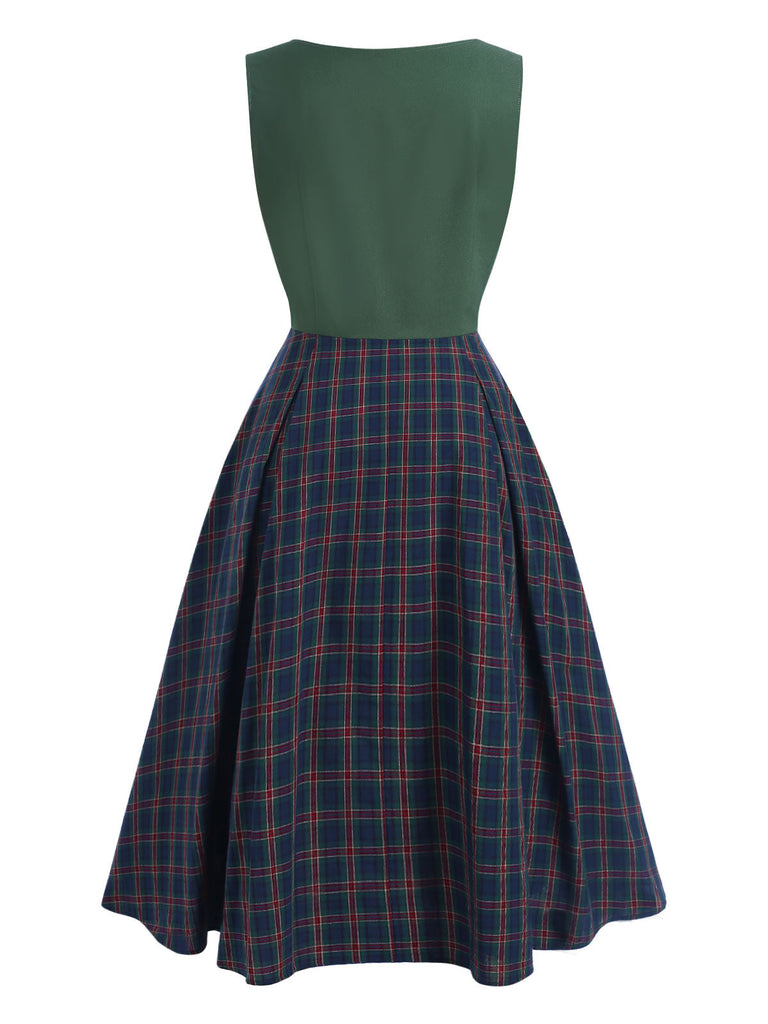 Abito plaid senza maniche patchwork verde anni '40