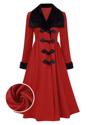 Cappotto con collo di pelliccia rosso e nero anni '50