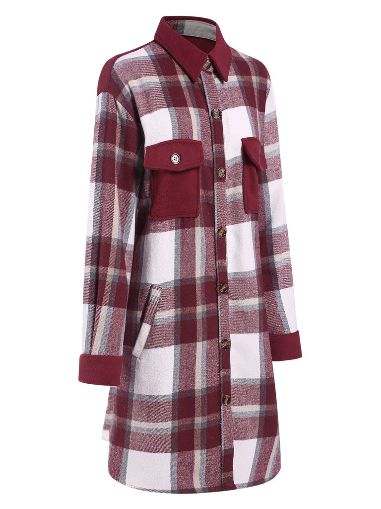 Cappotto a quadri con colletto a camicia bordeaux anni '50