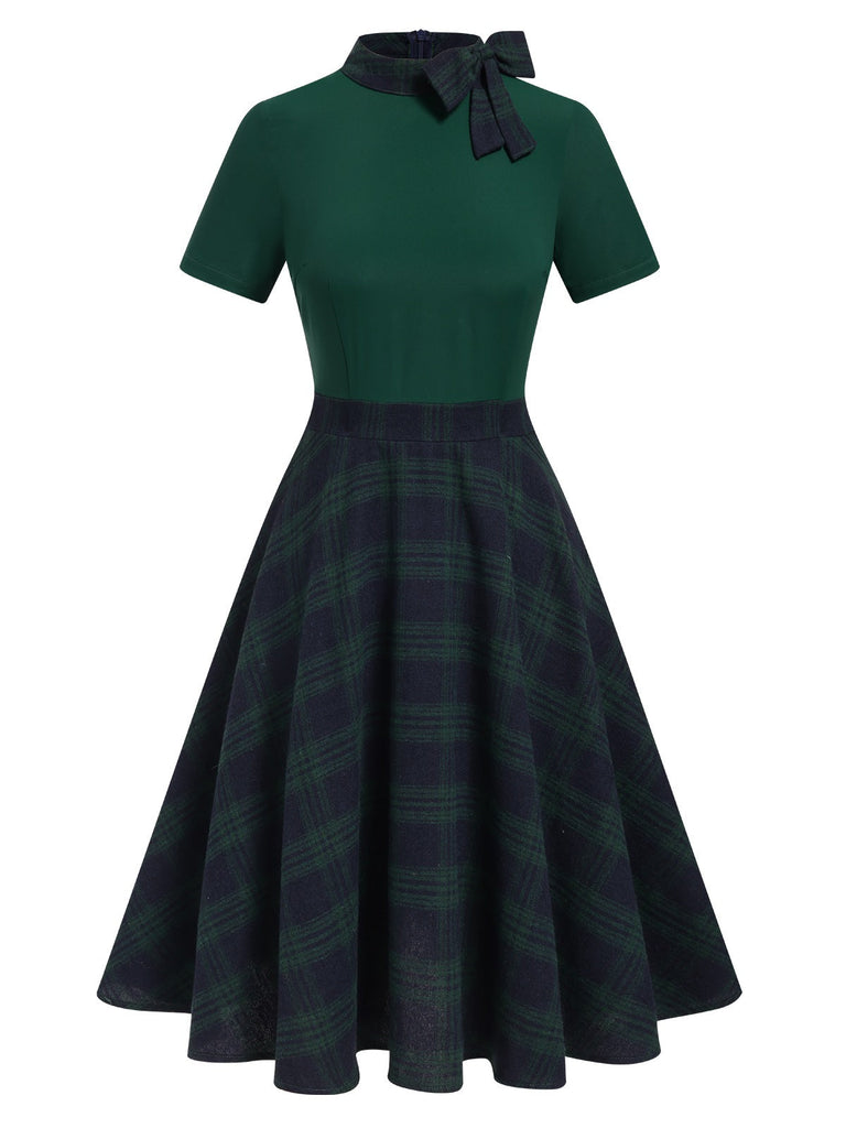 Abito patchwork plaid con collo annodato verde anni '50