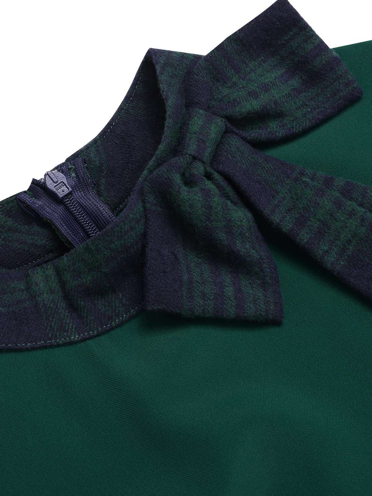 Abito patchwork plaid con collo annodato verde anni '50
