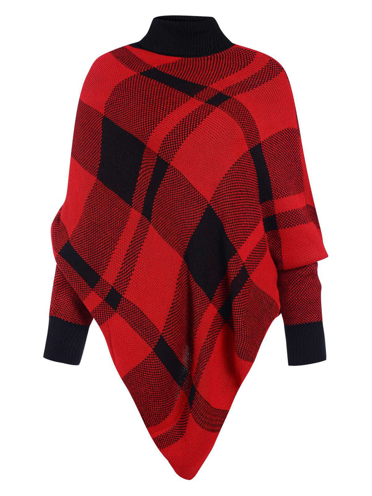 Maglione poncho a maglia a quadri con collo alto anni '50