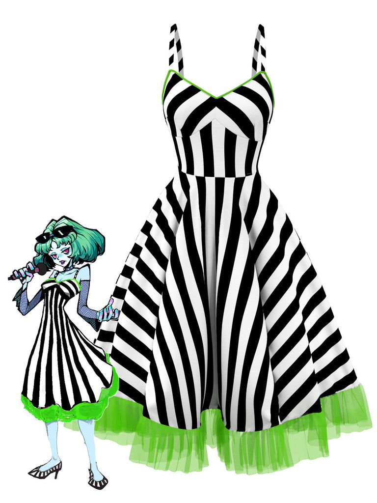[Prevendita] Abito in pizzo nero fluorescente a righe rosa anni '50