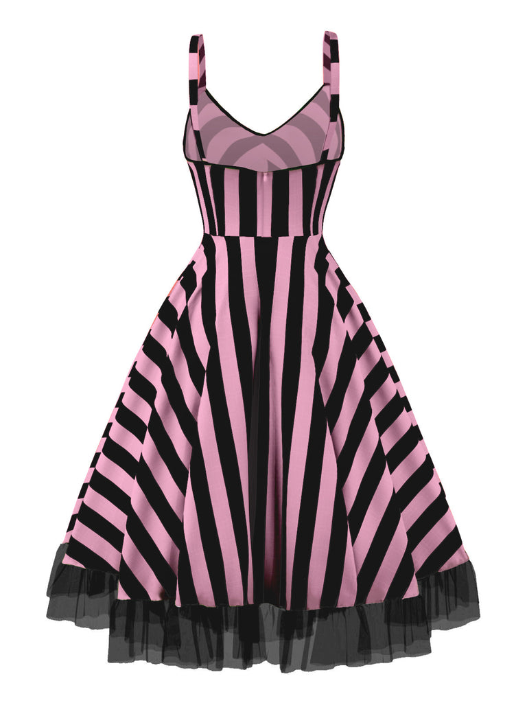 [Prevendita] Abito in pizzo nero fluorescente a righe rosa anni '50