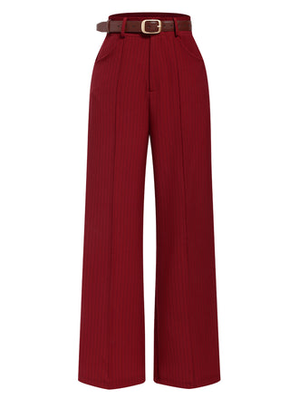 Pantaloni a gamba larga con cintura a righe rosso scuro anni '50
