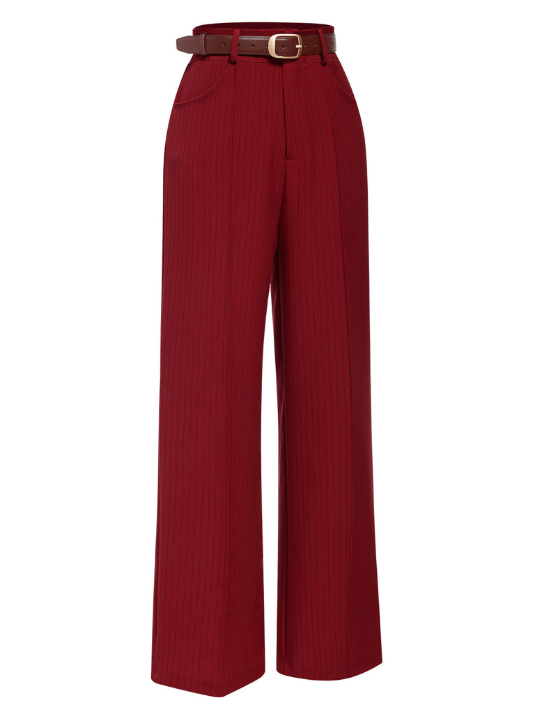 Pantaloni a gamba larga con cintura a righe rosso scuro anni '50