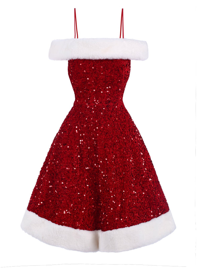 Abito con paillettes pelliccia e spalle scoperte rosso anni '50
