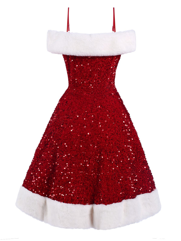 Abito con paillettes pelliccia e spalle scoperte rosso anni '50