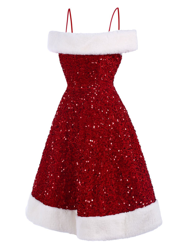 Abito con paillettes pelliccia e spalle scoperte rosso anni '50