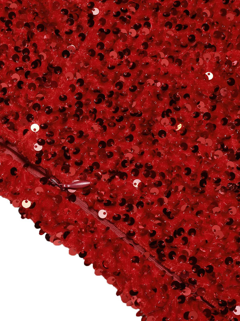 Abito con paillettes pelliccia e spalle scoperte rosso anni '50