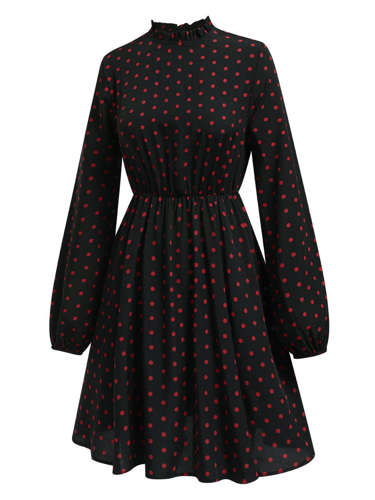 Abito a pois e maniche lunghe nero anni '50