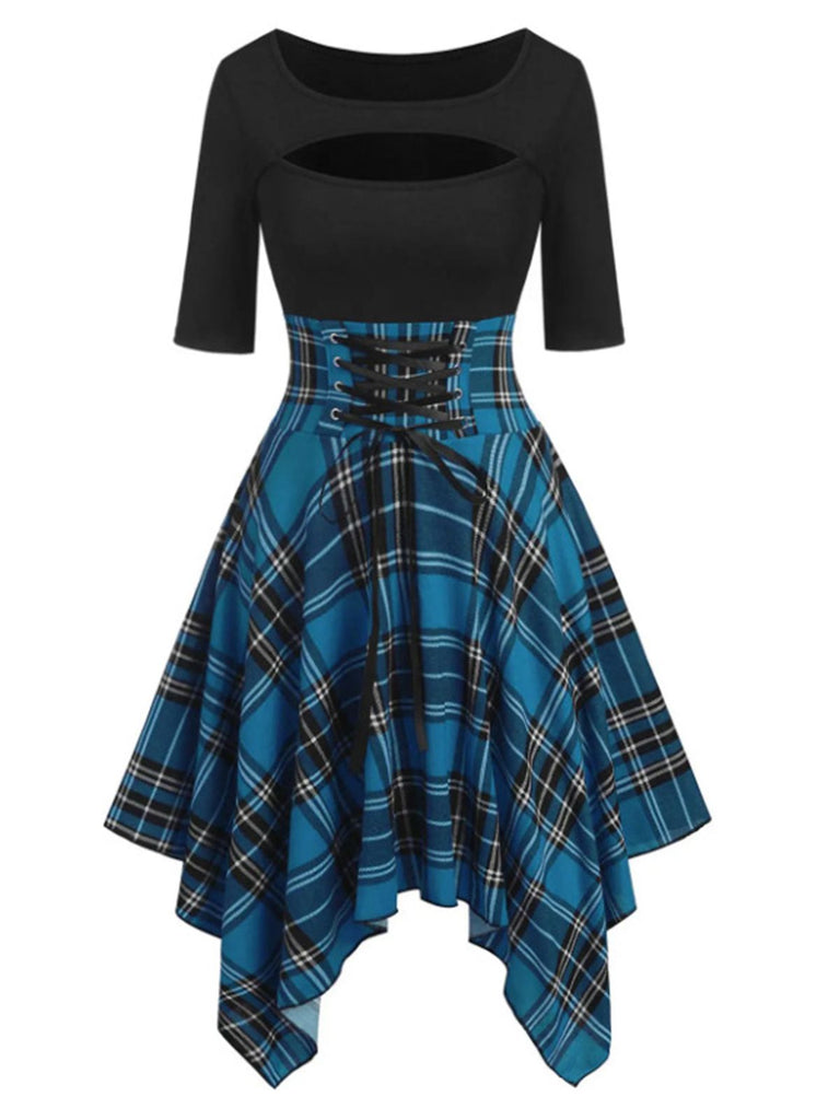 Abito a quadri patchwork con lacci blu anni '50